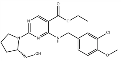 5 - Pyrimidinecarboxylová kyselina, 4-[[(3-chloro-4-methoxyfenyl) methyl] amino] -2-[2S) -2- (hydroxymethyl) -1-pyrrolidinyl]-, ethyltercas č .:330785-83-6